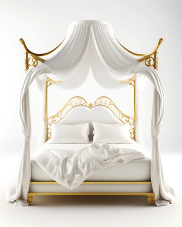 golden bed isolated on white background. 3d render illustration.の素材