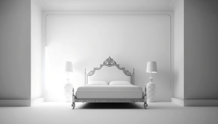 3d rendering of a white bedroom with a bed and a lampの素材