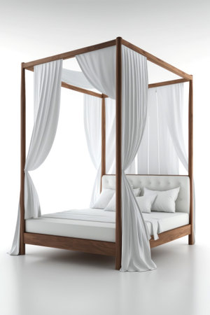 3d rendering of a wooden bed with white curtains on a white backgroundの素材
