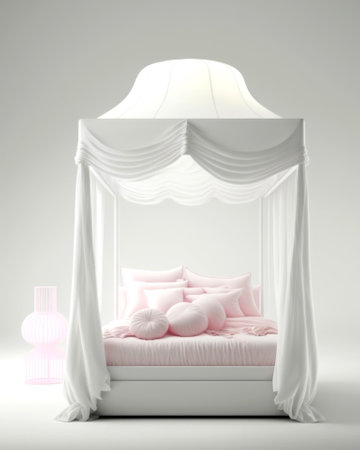 White canopy bed with pink pillows on a gray background. 3d renderingの素材