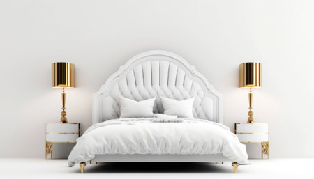 3d rendering of a white bed in a white room with golden lampsの素材