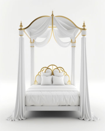 3d rendering of a white bed with gold pillows and a canopyの素材