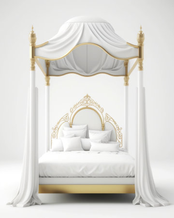 3d render of a white double bed with pillows and a canopyの素材