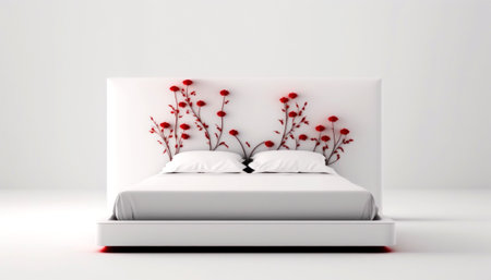 3D Rendering of a double bed with red flowers in the roomの素材
