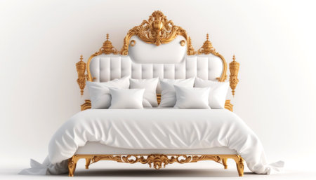 Classic golden bed with white linen 3d render illustration on white backgroundの素材