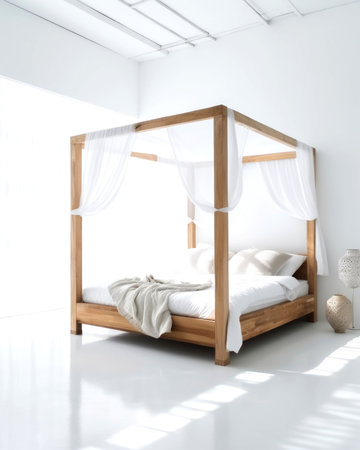 Wooden double bed in a white room. 3d rendering mock upの素材