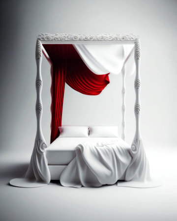 White bed with a red curtain on a white background. 3d renderingの素材
