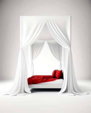 White bed with red pillows in a white room. 3d renderingの素材