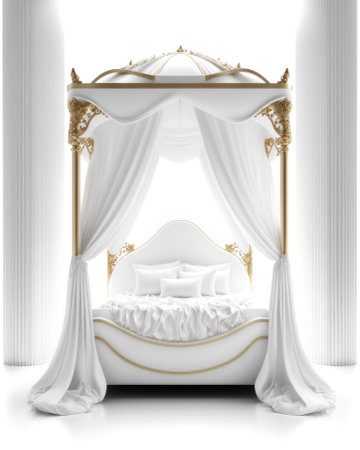 3d illustration of white bed with a canopy on a white backgroundの素材