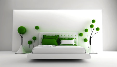 3D rendering of a modern bedroom with a white wall and a green bedの素材