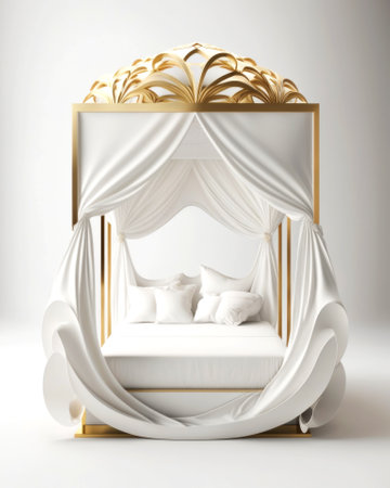 3d rendering of a white bed with gold curtains on a white backgroundの素材