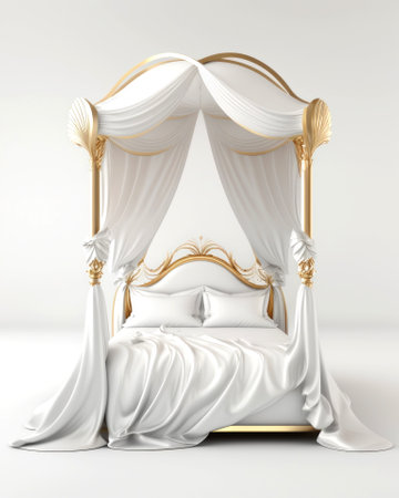 3d rendering of a golden double bed with white linen on a white backgroundの素材