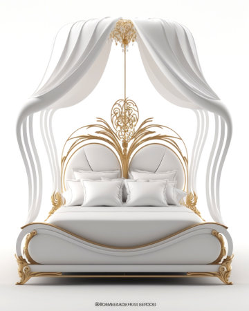 3d rendering of a white double bed with a canopy on a white backgroundの素材