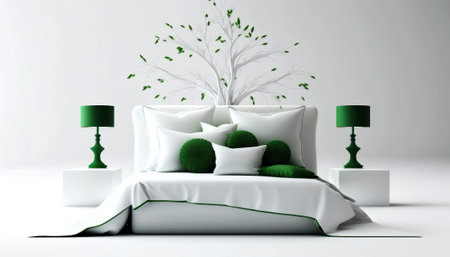 3d rendering of a white bedroom with green pillows and a bedside tableの素材
