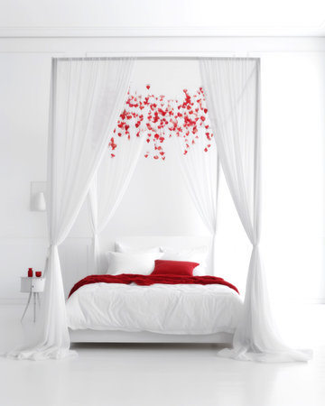 interior of the bedroom with a double bed, white curtains and red heartsの素材
