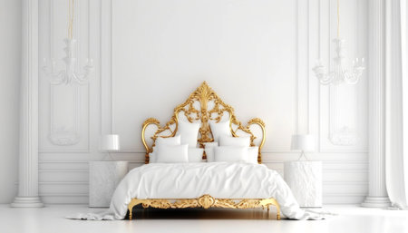 Luxury white bedroom interior with golden bed. 3d renderingの素材