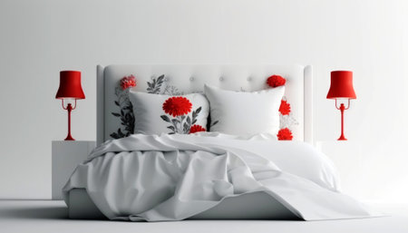 3d rendering of a white bed with red and white pillowsの素材