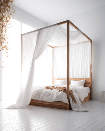 Bedroom interior with wooden bed and curtains. 3d render.の素材