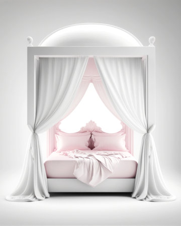 Double bed with white curtains on a gray background. 3d renderingの素材
