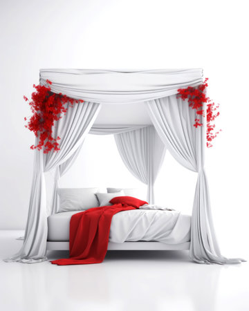 3d render of a white double bed with red curtains on a white backgroundの素材