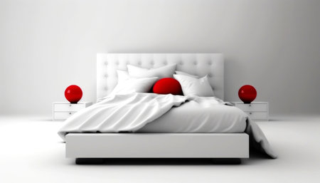 3d rendering of a white bedroom with a bed and red ballsの素材