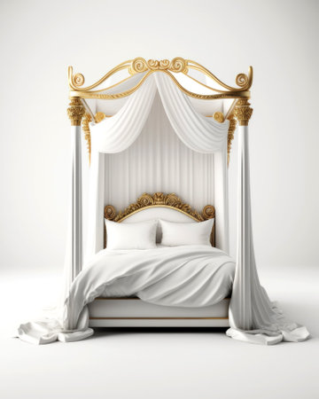 3d rendering of a golden double bed with white linen on a white backgroundの素材