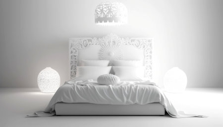 3d rendering of a white bed with a lamp in the roomの素材