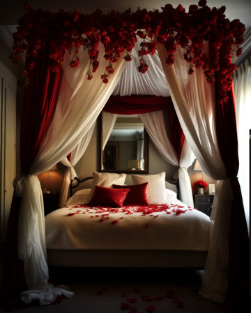 Interior of a hotel room with a double bed and decorated with red flowersの素材