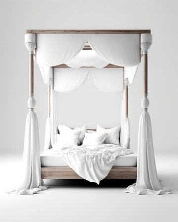 White wooden double bed with white linen and canopy. 3d renderingの素材