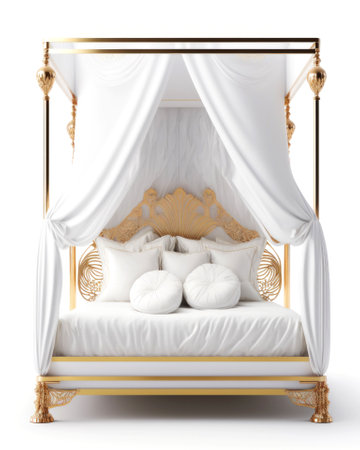 Double bed with white pillows isolated on white background. 3d renderの素材