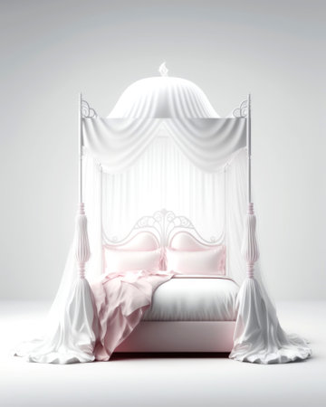 3d rendering of a double bed with a white canopy and a pink pillowの素材