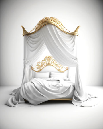 3d render of a classic bed with golden curtains on a white backgroundの素材