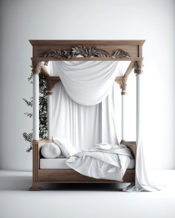 Wooden double bed with white linen in interior. 3d renderの素材