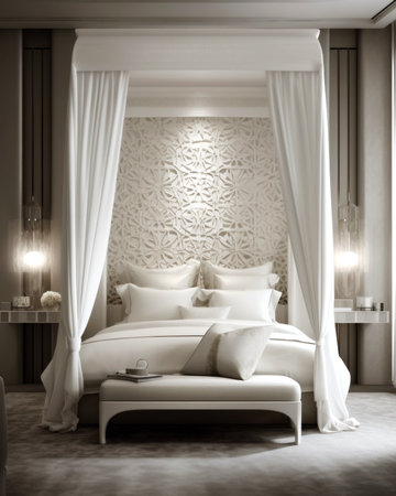 Luxury bedroom interior with white curtains and bed. 3d renderの素材