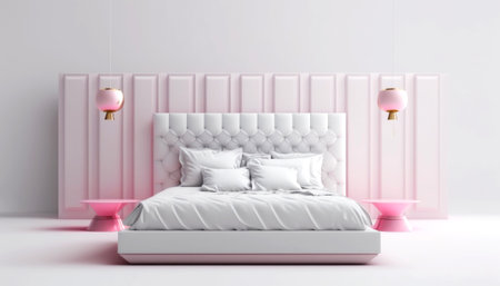 3d rendering of a bedroom with pink wall and white bed.の素材