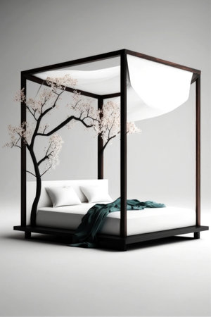 3d rendering of a white bed with a canopy in a modern roomの素材