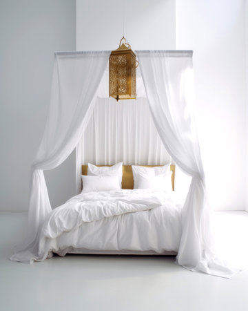 White double bed with white curtains and golden lamp in the bedroom.の素材