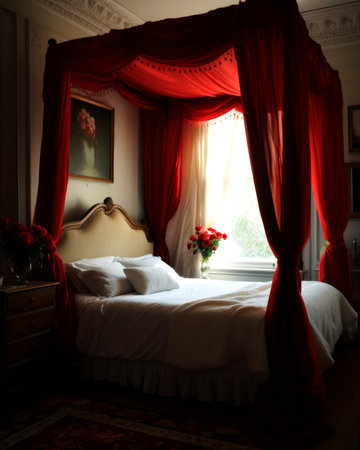 Bedroom interior with red curtains and bedside table. Vintage style.の素材