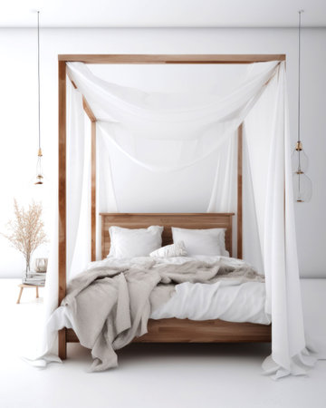 Wooden double bed with white linen in modern bedroom interior. 3d renderの素材