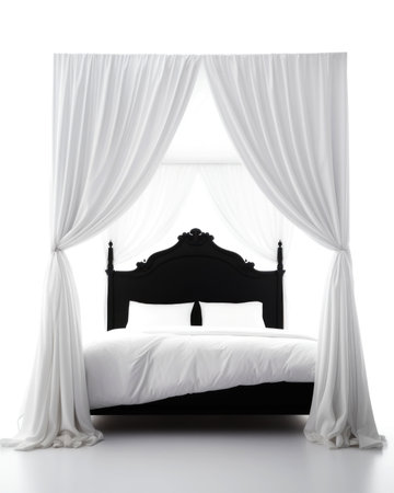 Double bed with white curtains on a white background. 3d renderingの素材