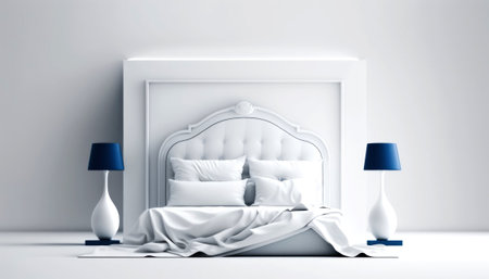 3D rendering of a white bed with pillows and blue lampの素材