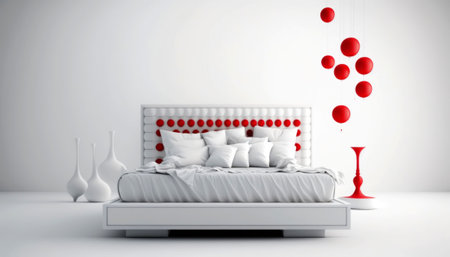 Modern bedroom interior design with white bed and red balloons 3D renderingの素材