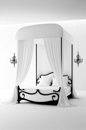 3d render of bedroom with white curtains and bed in black and whiteの素材