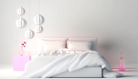minimalist bedroom with white bed and lamp, 3d renderingの素材