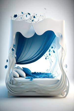3d illustration of a blue bedroom with blue curtains and a bedの素材