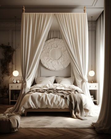 Bedroom interior with white curtains and round mirror. 3d renderの素材