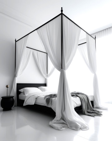 interior of modern bedroom with white walls, white floor, comfortable king size bed with white curtains and black vaseの素材