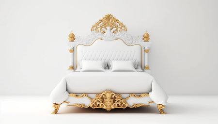3d render of a classic bed in white room with golden decorationの素材