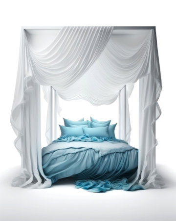 3d rendering of a blue and turquoise bed with white curtainsの素材