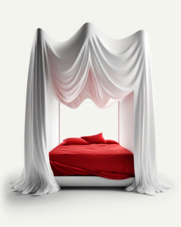 3d rendering of a double bed with a white curtain on a white backgroundの素材